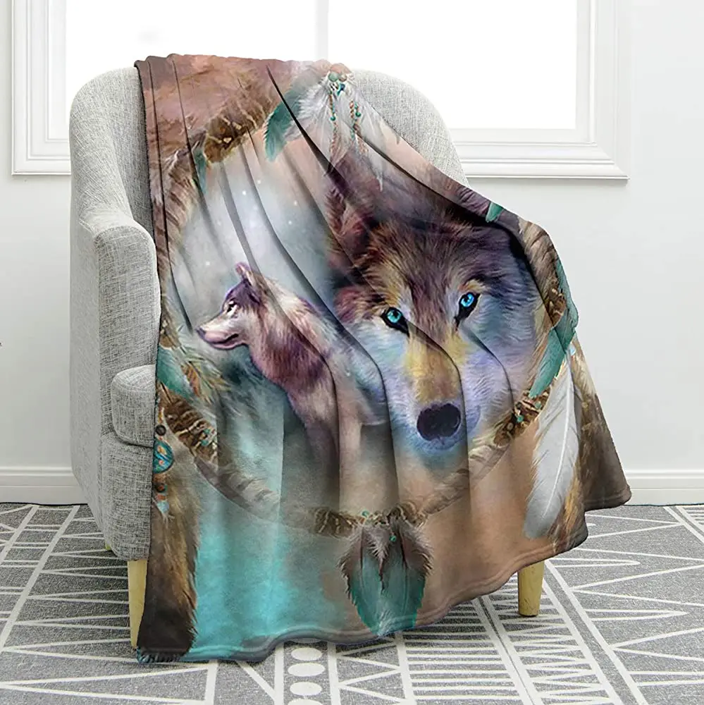 

Jekeno Wolf Dream Catcher Blanket Print Soft Comfort Warm Throw Blanket for Couch Bed Travelling Camping Gift 50"x60"