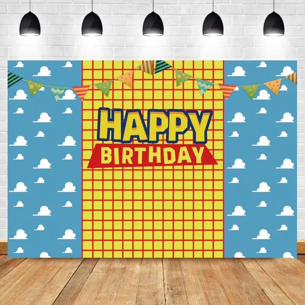 

Happy Birthday Toy Backdrop Boys Story Girls Kids Woody Cartoon Banner Birthday Party Photography Background for Children Table