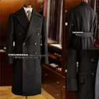 Осенне-зимний черный костюм, куртка, Мужской наряд для шафера, длинное пальто, официальное твидовое толстое шерстяное и Смешанное двубортное пальто