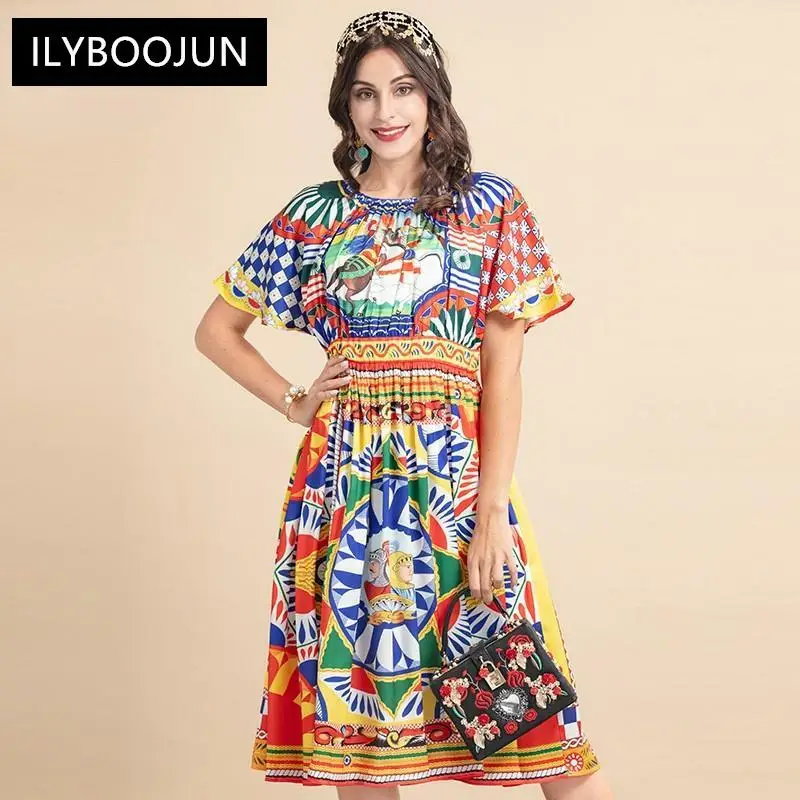 

New 2021 Fashion Runway Summer Dress Women's Short sleeve Elastic Waist Warrior Totem Print Vintage Party Dress