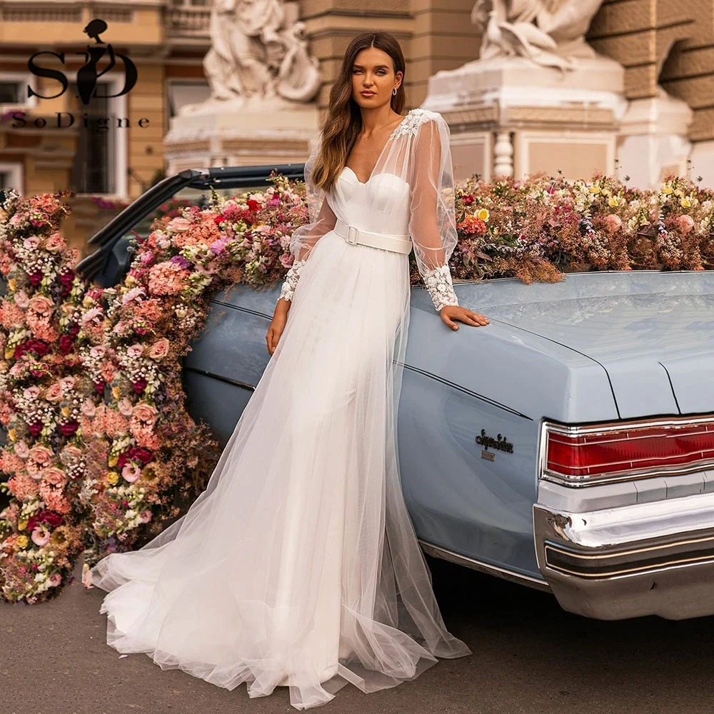 

SoDigne Vintage Beach Wedding Dress With Belt Long Sleeves Sweetheart Two Piece Wedding Bridal Party Gowns Custom Made