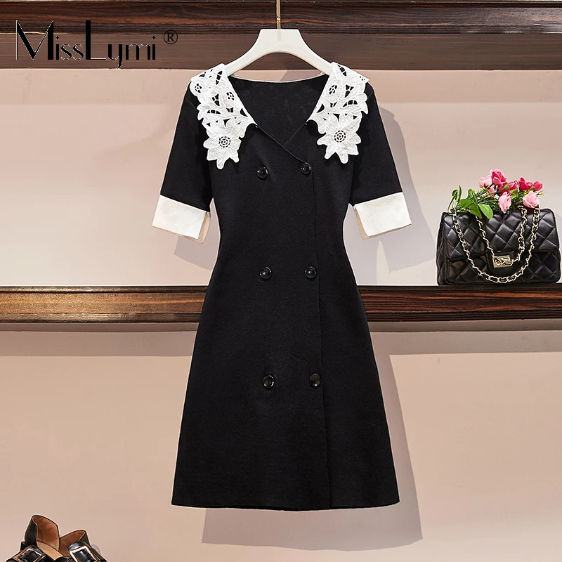 

4XL Plus Size Women Vintage Knitt Mini Dress Summer 2021 Double Breasted Lace Flowers Peter Pan Collar Short Sleeve Loose Dress