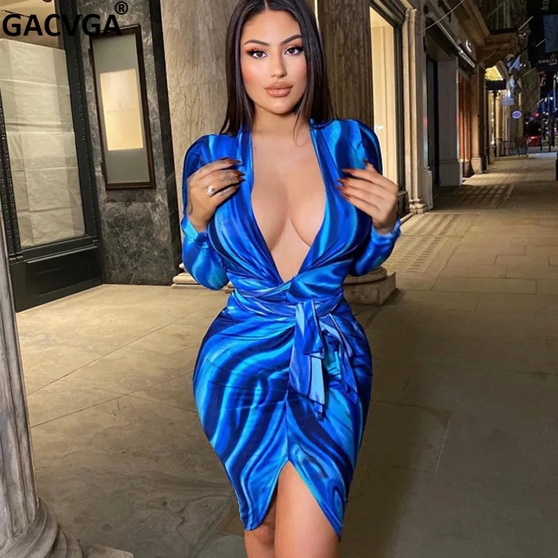 

Женское облегающее платье GACVGA с принтом, V-образным вырезом и поясом, Клубное праздничное мини-платье с длинным рукавом, уличная одежда для в...