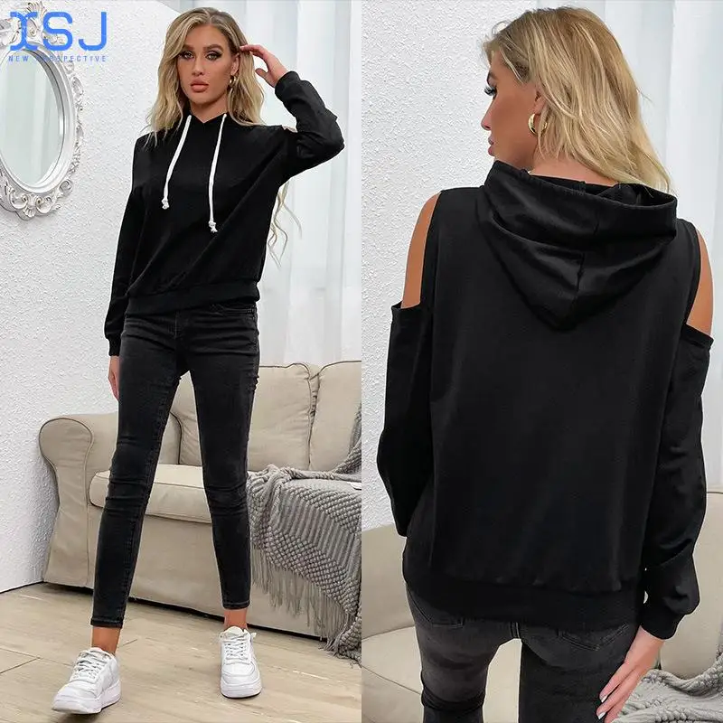 

Women's Sportswear Hoodie Solid Color Off Shoulder European and American Hoodie Women's Autumn