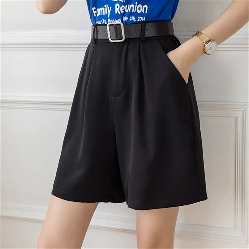 

CBAFU casual women summer shorts high waist vintage loose belt wide legs pure color shorts streetwear sexy white black N528