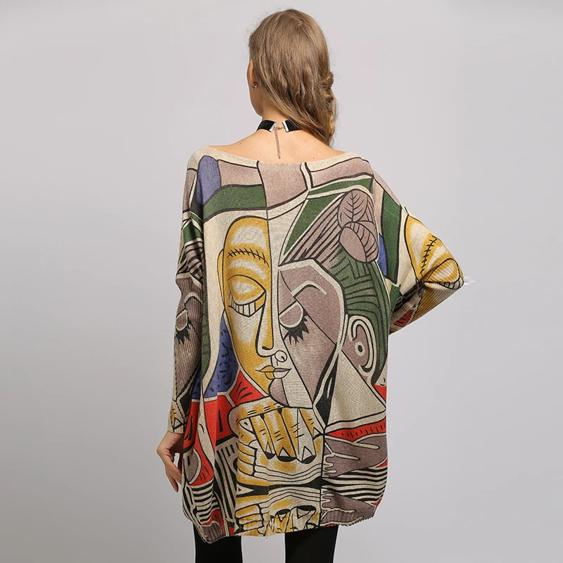 Women Oversized Sweater Printed Long Batwing Sleeve Pullovers and Sweaters Womens O Neck Knitted Casual Clothes | Женская одежда