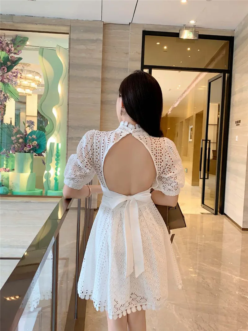 

ZAWFL Designer Summer Elegant White Short Dress Women Lace Embroidery Patchwork Stand collar Ladies Fashion Backless Dress