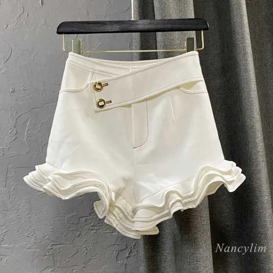 

White Shorts Womens 2021 Summer New High Waist Slimming Ruffled Short Girls Ladies Elegant Clothing Nancylim