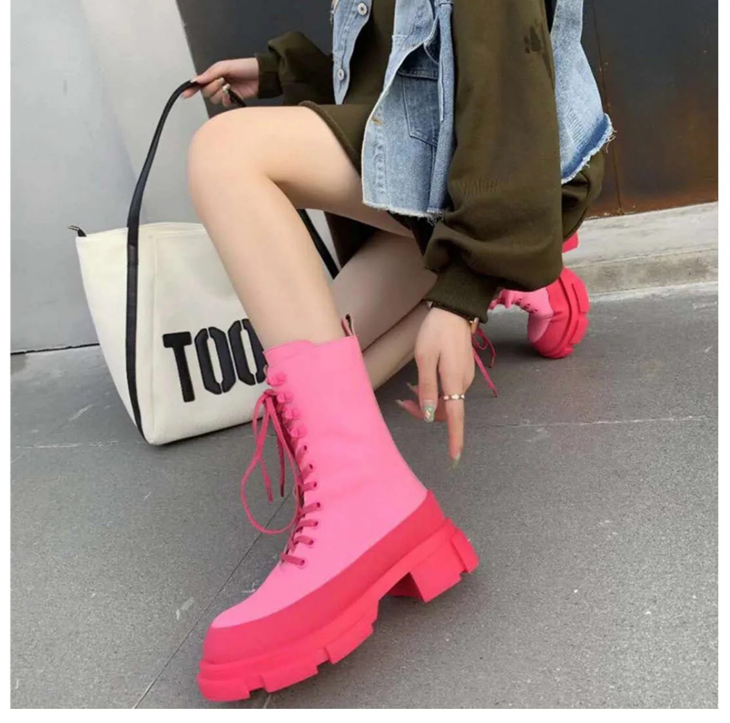 Murah Sepatu Bot Wanita Pertengahan Betis Musim Gugur Musim Dingin Sepatu Hak Sedang Kasual Hitam Putih Merah Muda Berenda C3