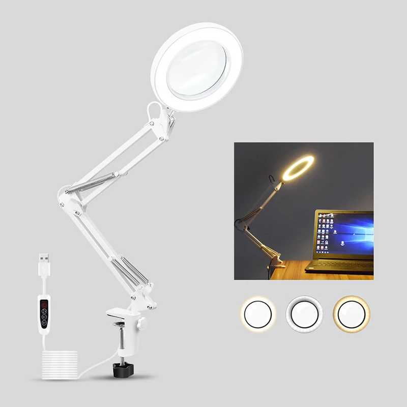 

Flexible Workbench Large 5X USB LED Magnifier 3 Color Illuminated Magnifier Lamp Magnifier Reading/Rework/Welding