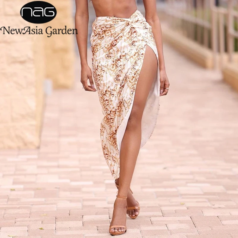 

FAKUNTN NewAsia Print Long Skirt Women Sexy Chic Side Split Twist Asymmetrical Maxi Skirt Ladies Casual Streetwear Summer