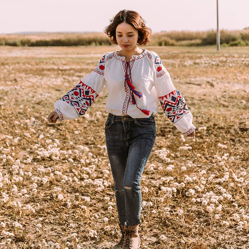 Модные женские топы и блузки MUMUZI с цветочной вышивкой длинным рукавом рубашки