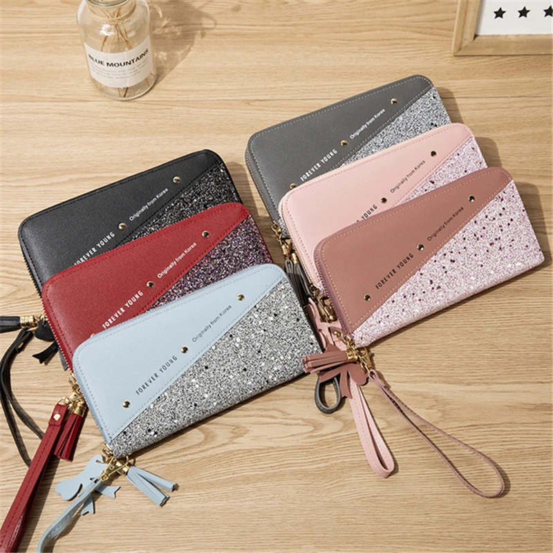 patchwork diamonds pu leather forever young wallet fashionable large capacity zippered ladies purse free global shipping