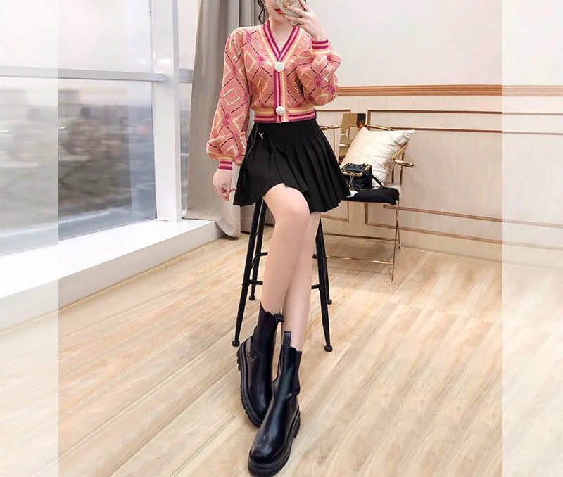 

Knitted shirt top French new spring dress women's pink design v-neck coat cardigan sweater