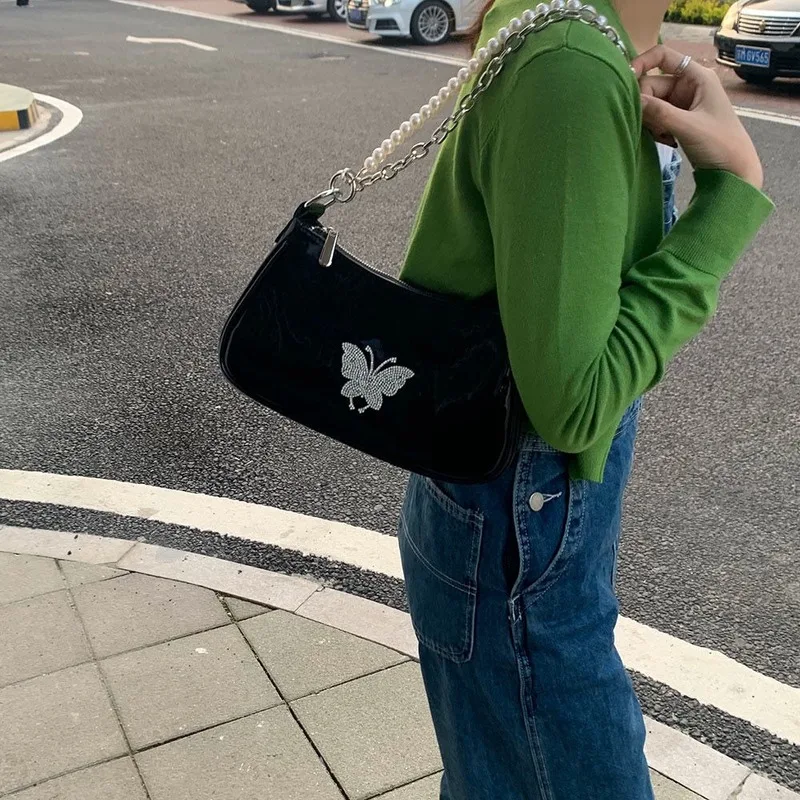 

Niche dark design shoulder bag female diamond butterfly bag armpit bag used bag pearl chain messenger handbag