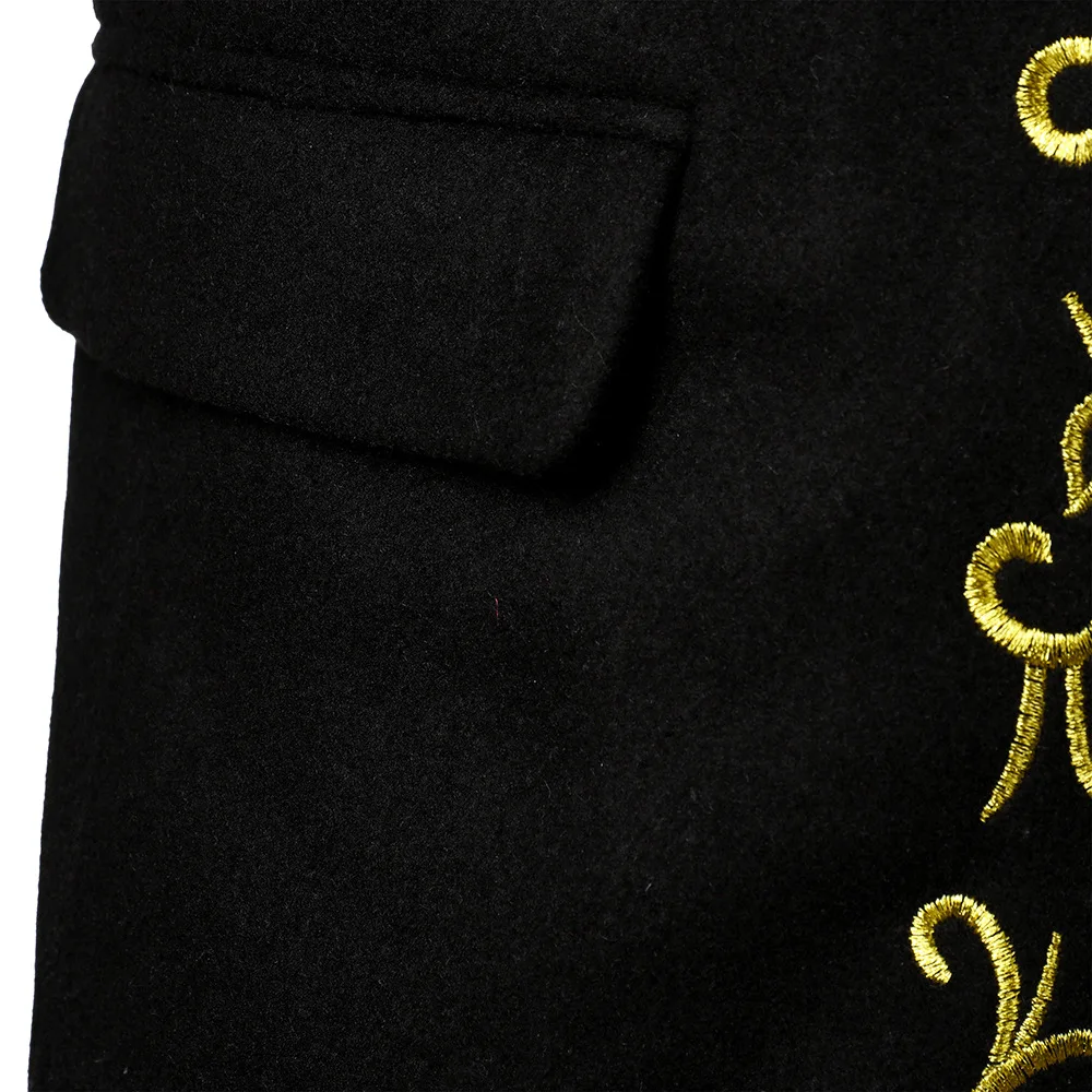 

Gold Embroidery Trench Coat Men Stand Collar Mens Woolen Cardigan Jackets Coats Casual Slim Fit Party Stage Costume Homme Black