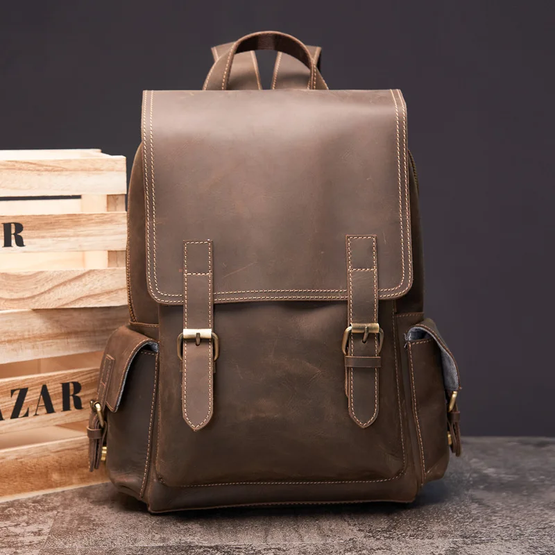 

Crazy Horse Backpack Genuine Leather Outdoor Travel Bag Woman Men Shoulders Package Laptop School Bag Large Capacity 13 Inch