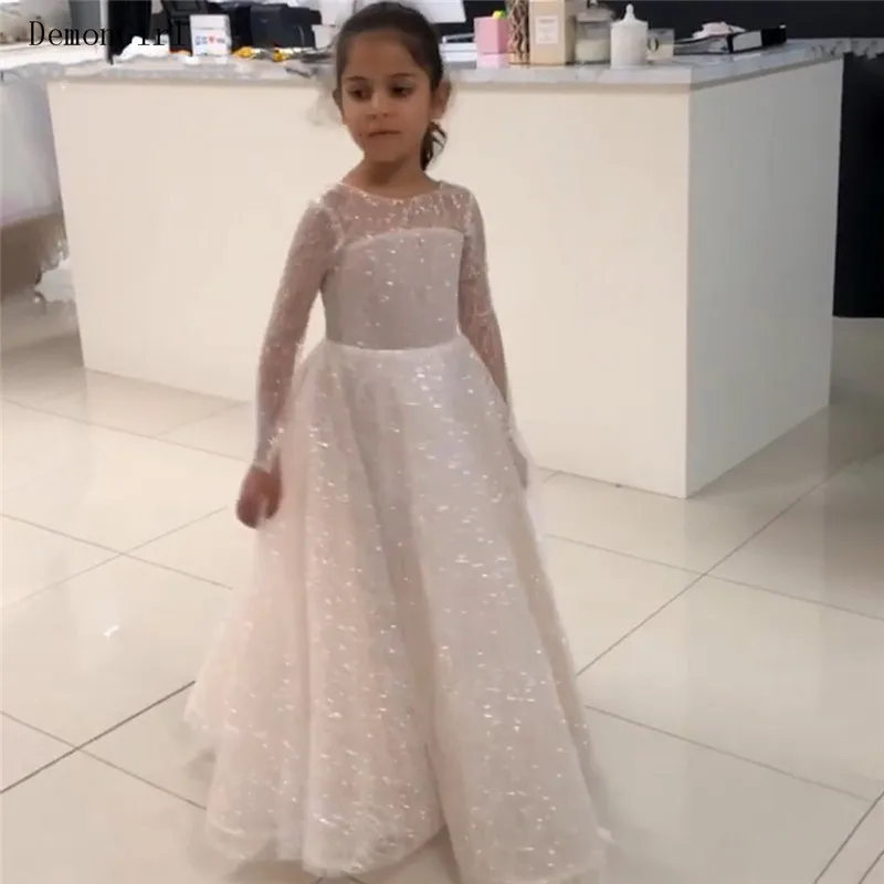 

Glitter Ivory White Flower Girls Dresses Illusion Long Sleeve Party Gown Kid Princess First Communion Dress