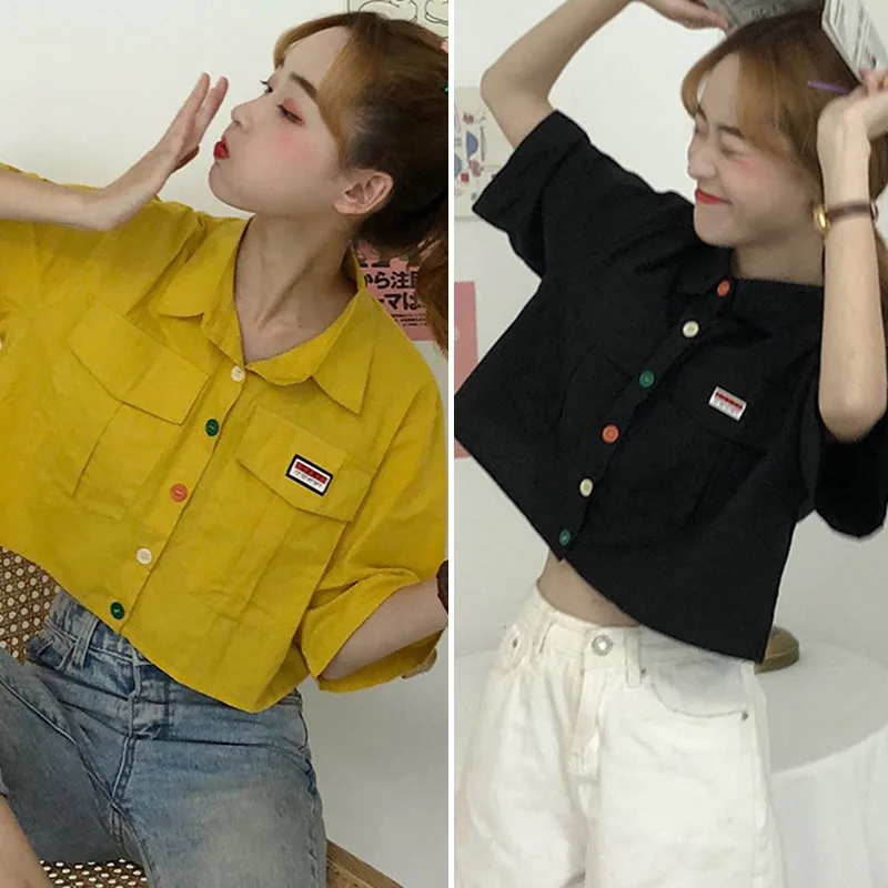 

Women New Rainbow Buttons Loose Single Breasted Korean College Wind POLO Collar Lapel Short Shirts Blouse