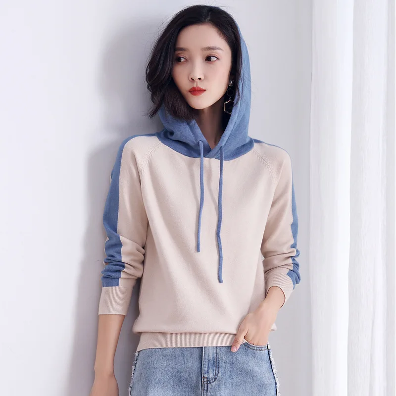 

Женский пуловер с капюшоном, лоскутные свободные пуловеры, корейский стиль, осень 2019