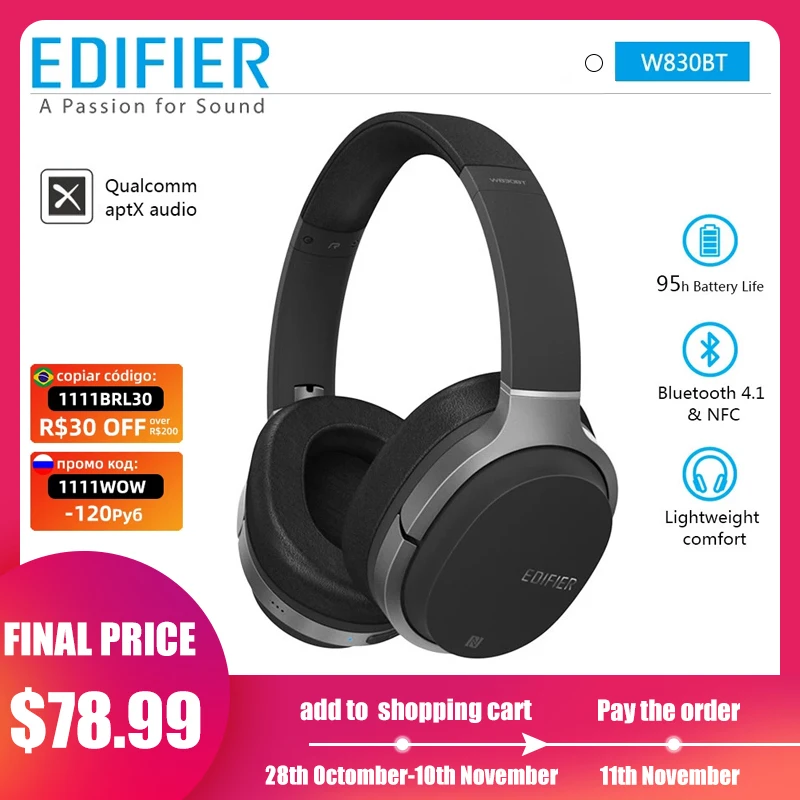 

Беспроводные наушники EDIFIER W830BT, Bluetooth v4.1, Hi-Fi стереонаушники с глубокими басами, беспроводные наушники с поддержкой aptX кодека, NFC Tech
