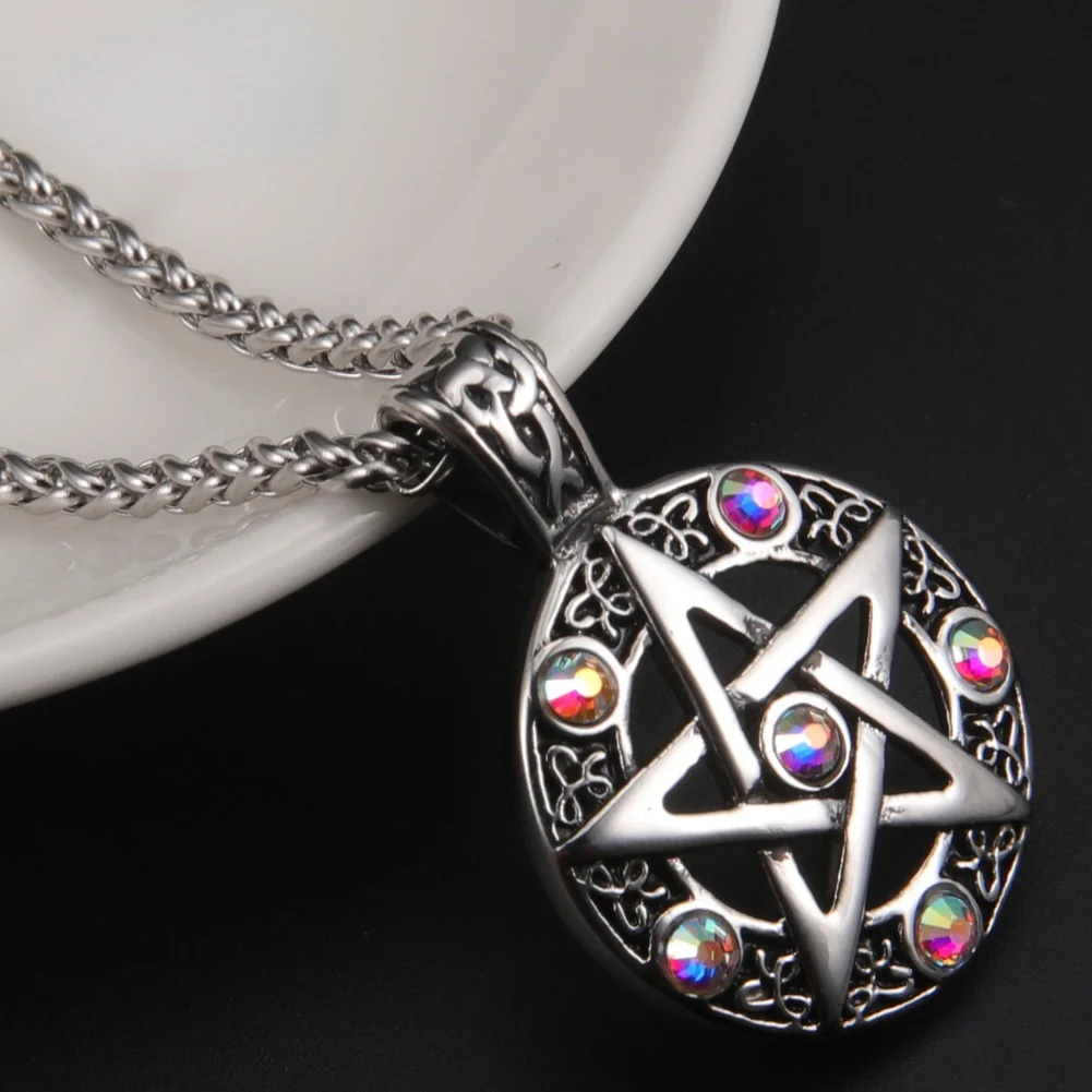 

Supernatural Wicca Men Women Necklace Hollow Pentagram Pentacle Star Zircon Pendant Choker Gothic Viking Stainless Steel Jewelry