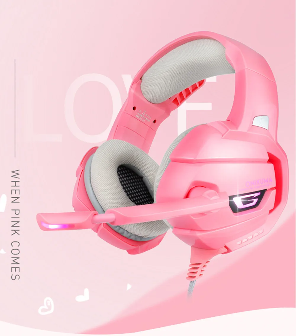 Игровая гарнитура ONIKUMA K5 PS4 розовый объемный звук бас наушники для ПК с микрофоном светодиодный свет для Xbox One/телефона/ноутбука планшета геймера