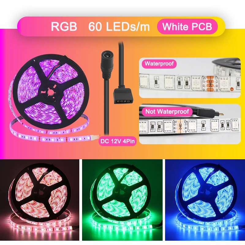 Светодиодная лента 5 м RGB Водонепроницаемая SMD 5050 белая/черная печатная плата 12 В