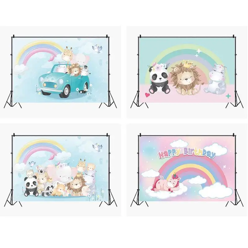 

Мультяшные животные Вождение автомобиль Радуга Небо Дети День Рождения Вечеринка фон новорожденный ребенок душ фото фон стол декор комнат...