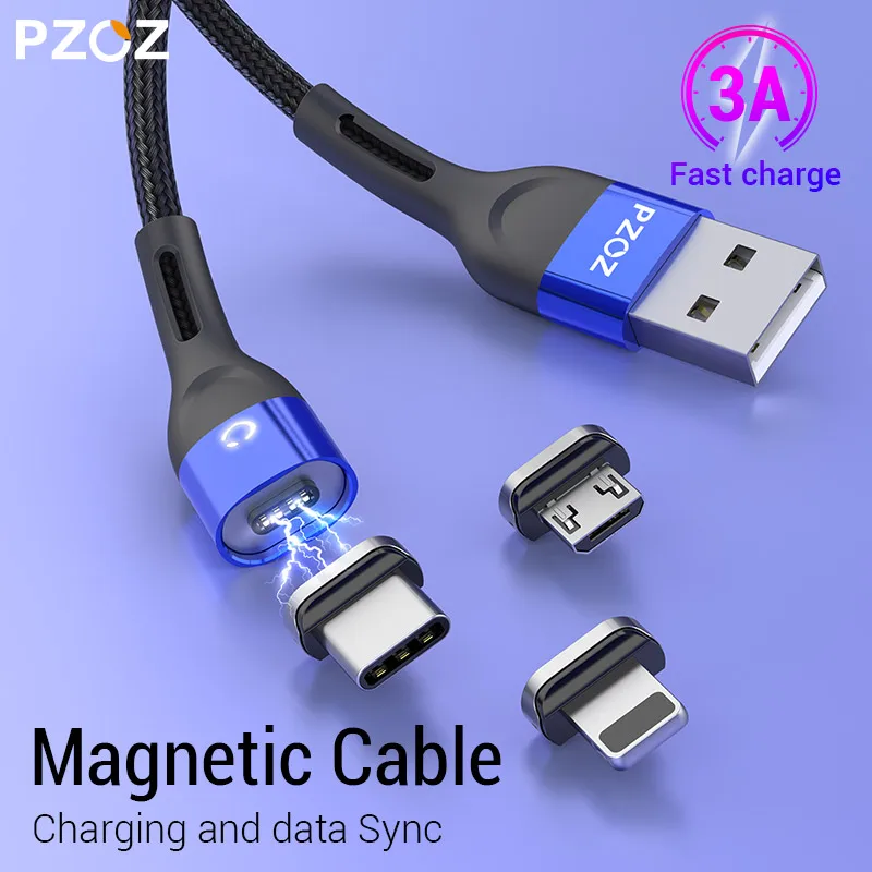 Магнитный usb-кабель для зарядки PZOZ, кабель Micro usb для быстрой зарядки, магнитный usb-кабель type c для зарядки iphone, xiaomi, samsung, шнур