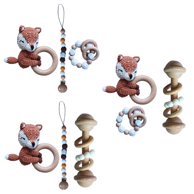 

Baby Pacifier Clip Chain Dummy Holder Wooden Teething Bracelet DIY Crochet Animal Teether Infants Rattle Soother Molar