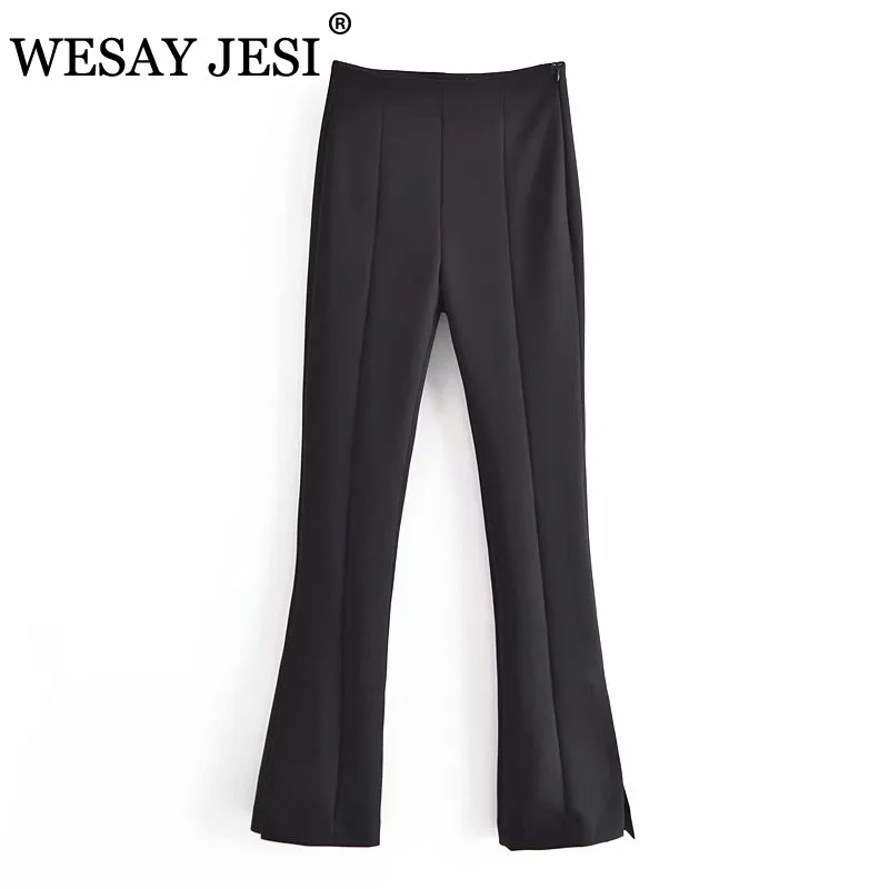 

WESAY JESI Pants Women New Fashion Black High Waist Trousers For Female Stretch Leggings Slim Fit Hem Split Fashion Streetwear
