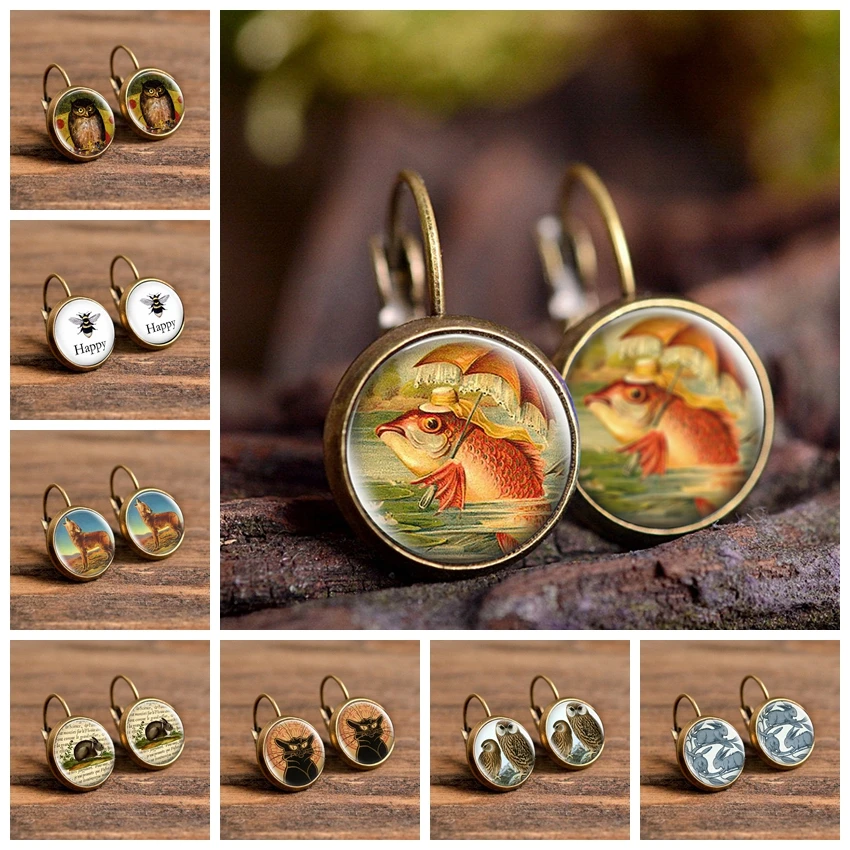 Стеклянные серьги с кабошоном комикс рыба сова пчела модные художественные