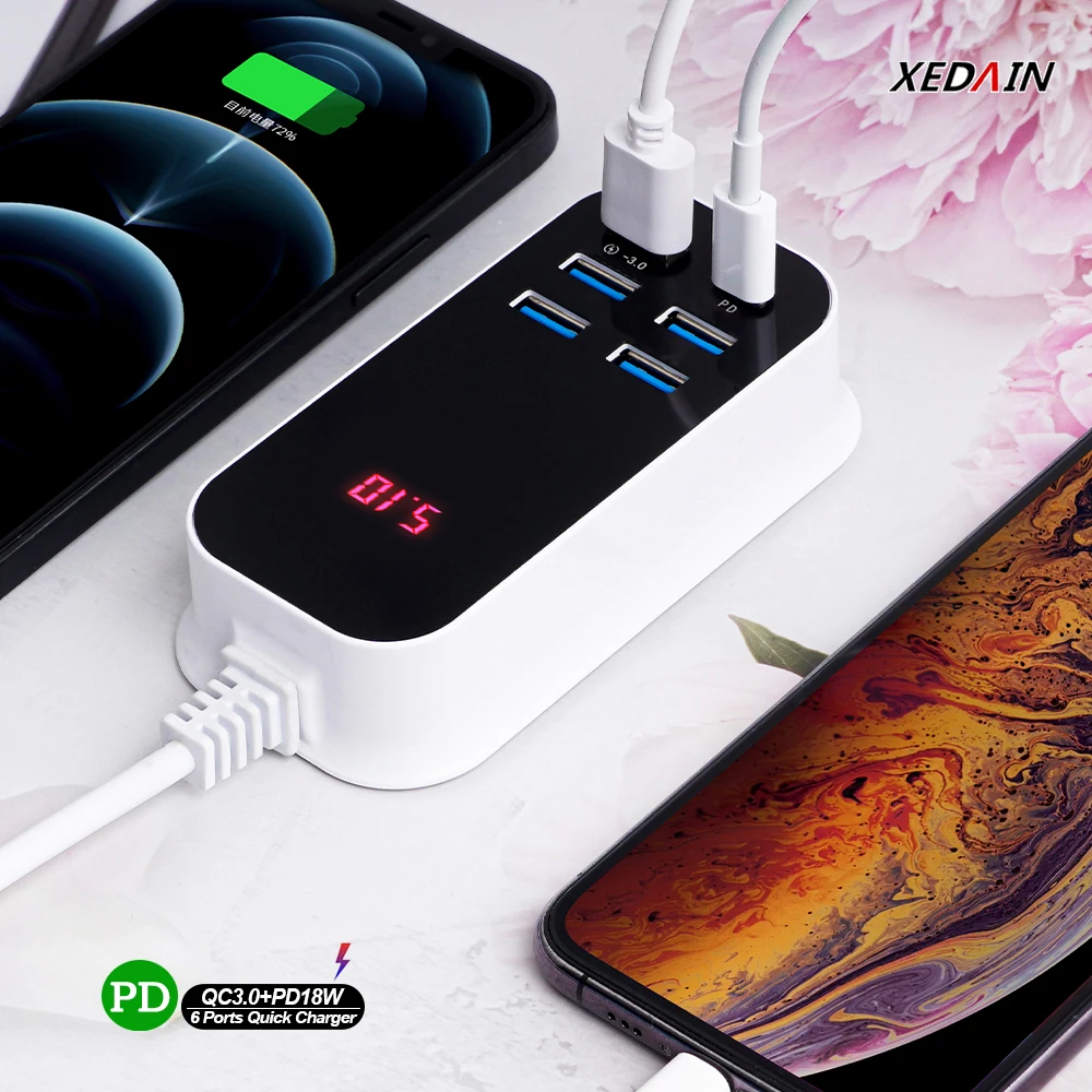 Сетевое зарядное устройство PD с 6 USB-портами и поддержкой быстрой зарядки 18 Вт |
