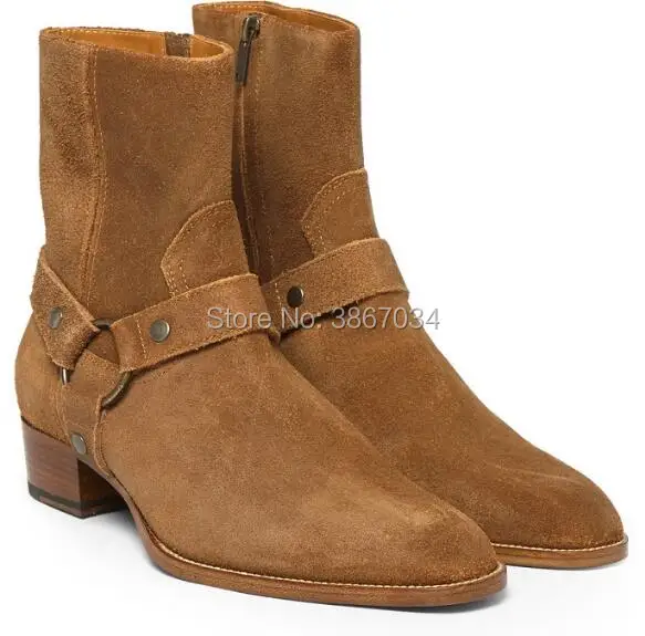 SHOOEGLE Distressed Cowboy Boots Men Brown Black Coffee Ankle Buckle Strap Chains Low Heels Western |