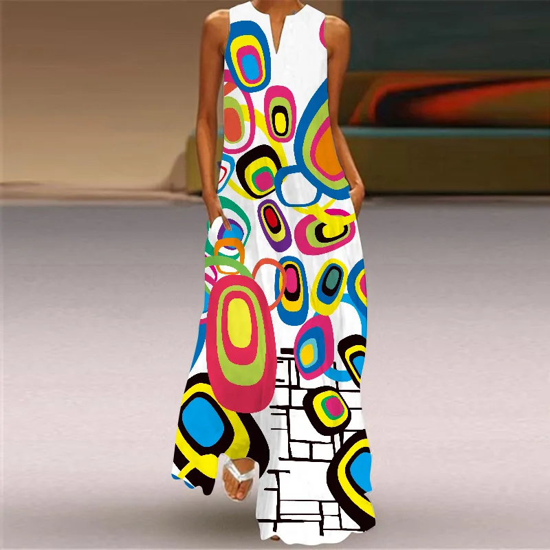 

Ladies Summer Sexy Sleeveless V-Neck 3D Printed Dress 2021 Retro Floral Plus Size Maxi Dress Women Loose Beach Vestidos Dresses