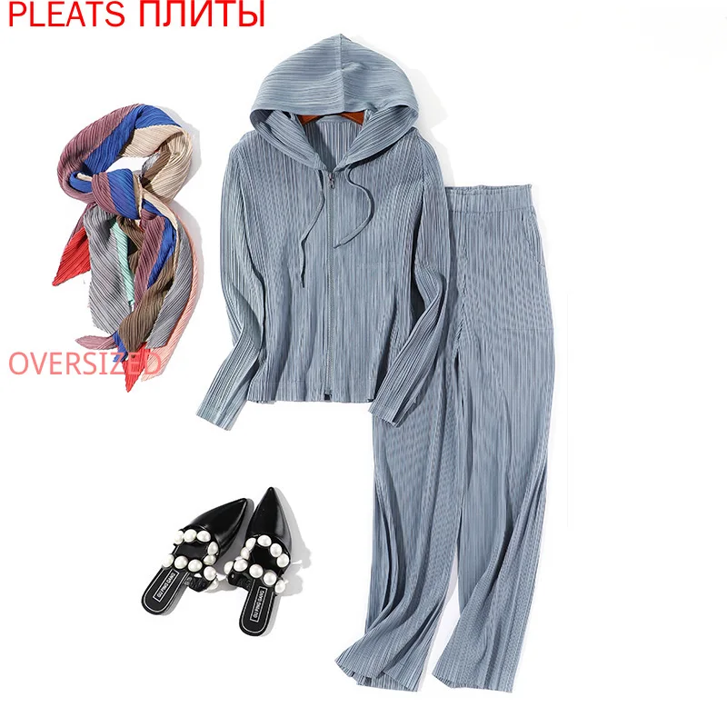 Spring and Summer New Miyake Fashion Pleated Suit Pants Long Sleeve Hooded Coat + Straight Pants Two Piece Set Trousers Suit