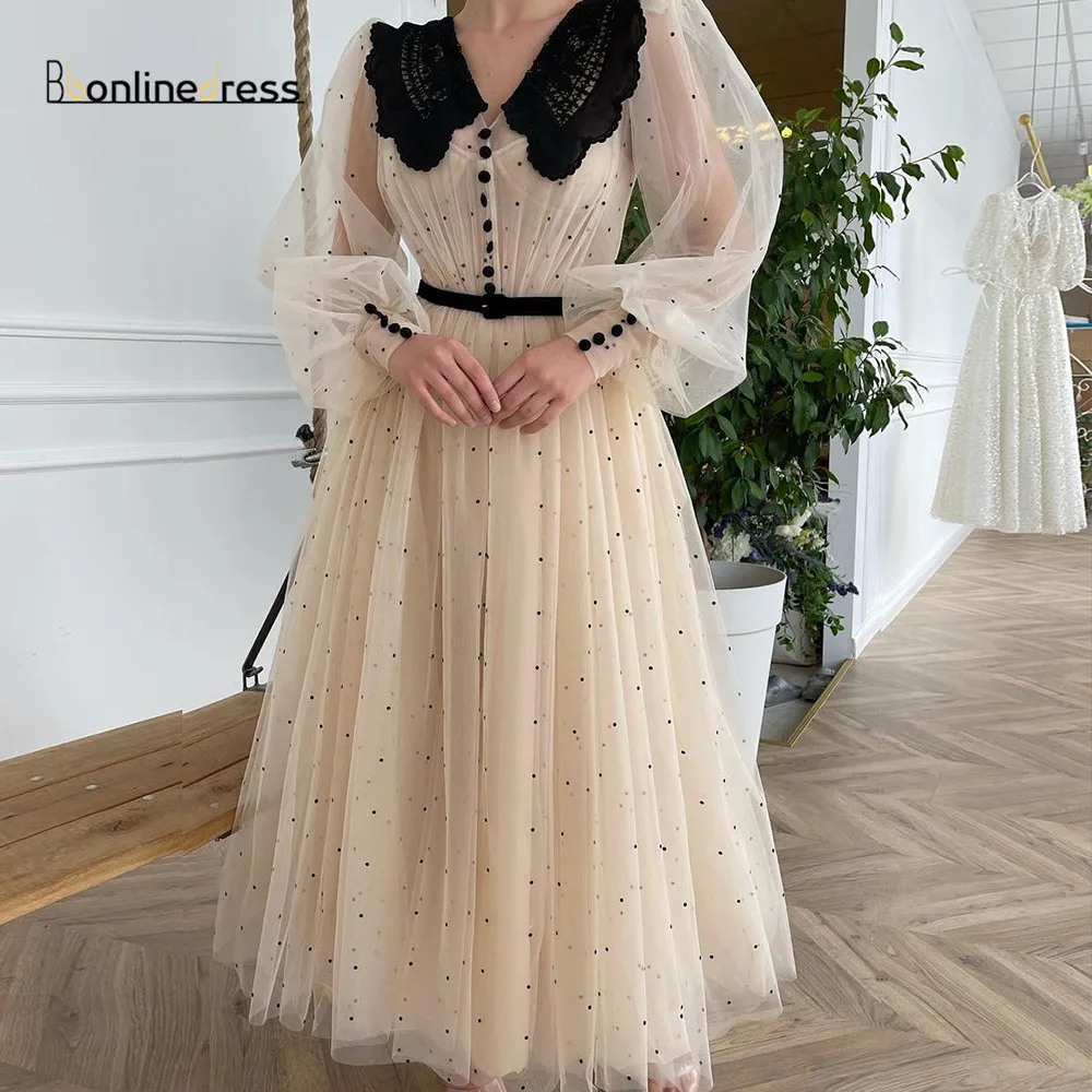 

Bonlinedress вечернее платье в горошек A-Lin на пуговицах длиной до щиколотки вечерние платья с рукавами-фонариками кружевное платье с V-образным вырезом женское вечернее платье