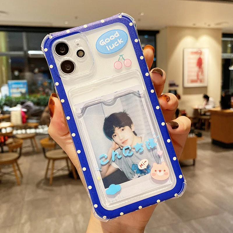 Cute Cherry Bear Card Bag Phone Case For iPhone 11 12 13 Pro XS Max X XR 6 6S 7 8 Plus SE Rabbit Clear Wallet Soft TPU Cover