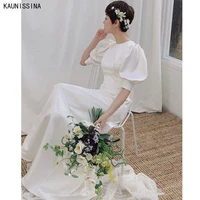 kaunissia wedding dresses satin bridal gowns puff sleeve o neck floor length simple white wedding party marriage dress for bride