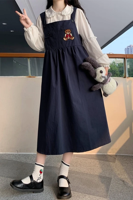 

Japanese Cartoon Bear Embroidered Suspender Dress Female 2020 Autumn Sleeveless High-Waist kawaii clothing sweet lolita dress