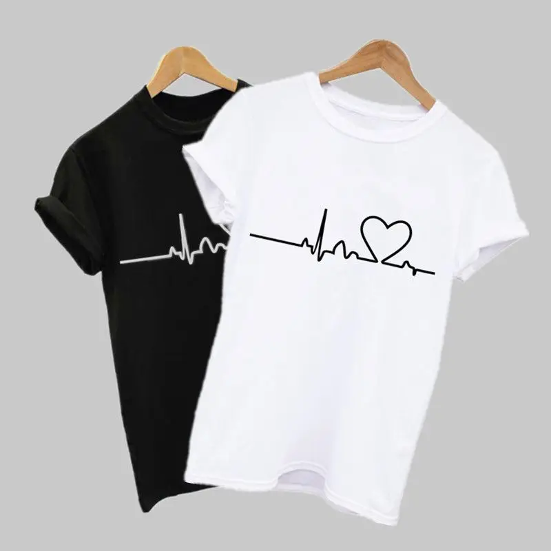 

2021 New Harajuku Leisure Women T-shirt Heartbeat Print Summer Casual Tops Female Graphic Clothing Short Sleeve Shirts for Women