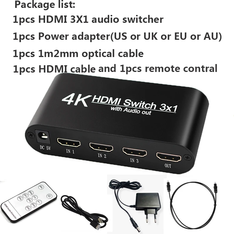 HDMI коммутатор 1,4 4K HDR 3x1 адаптер коммутатор с аудио экстрактором 3,5 разъем волоконно-оптический кабель дуги разветвитель для HDTV PS4 - Цвет: with re hd op cable