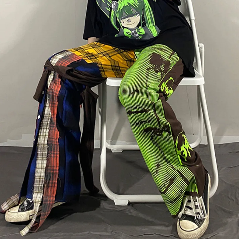 

SHENGPALAE 2021 Spring New Women's Pants High Street Fashion Portrait Print Patchwork Casual Loose Plaid Trousers Trendy ZC251