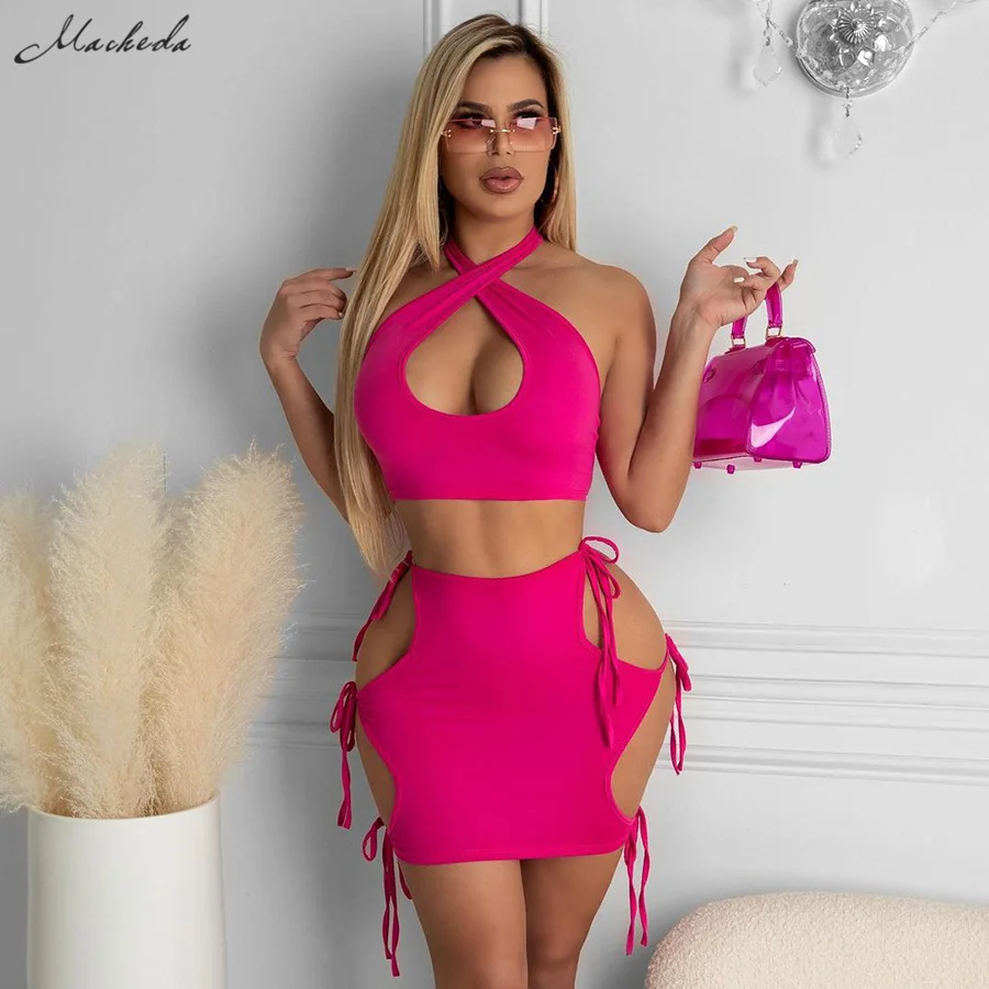 

Macheda Summer Solid Sexy Two Pieces Set Women Fashion Halter Sleeveless Tank Top And High Waist Hollow Out Lace Up Skirt Outfit