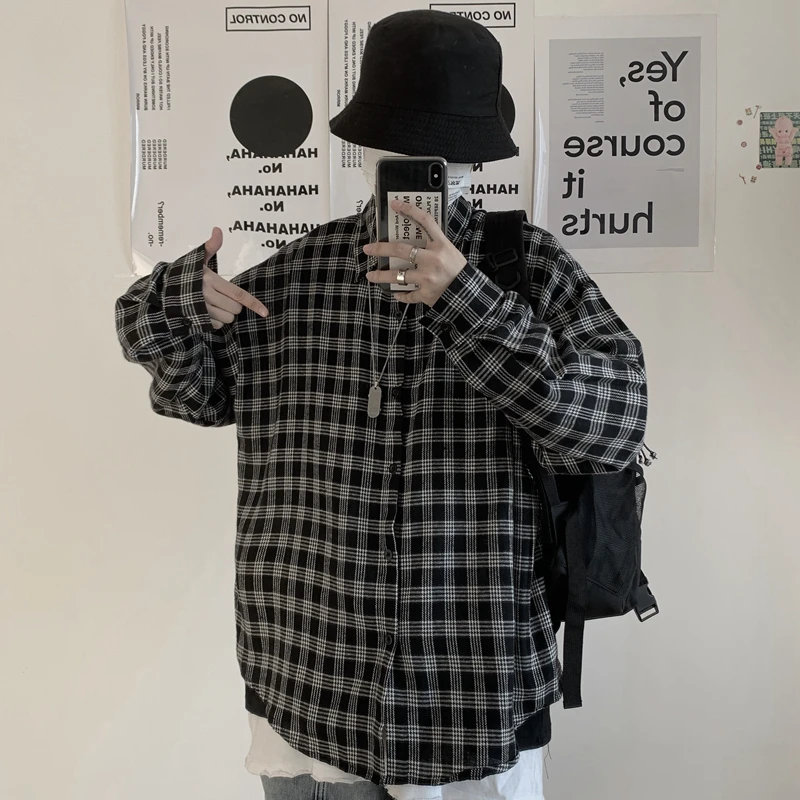 

spring autumn new turn-down collar ins plaid Harajuku streetwear style korean fashion clothing womens tops and blouses Female