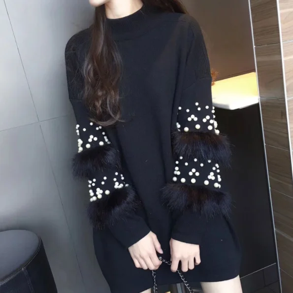 Женское вязаное платье-свитер с длинным рукавом из искусственного меха | Женская