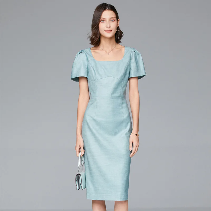 

Shenzhen origin 2021 summer new mid long solid color square collar slim dress