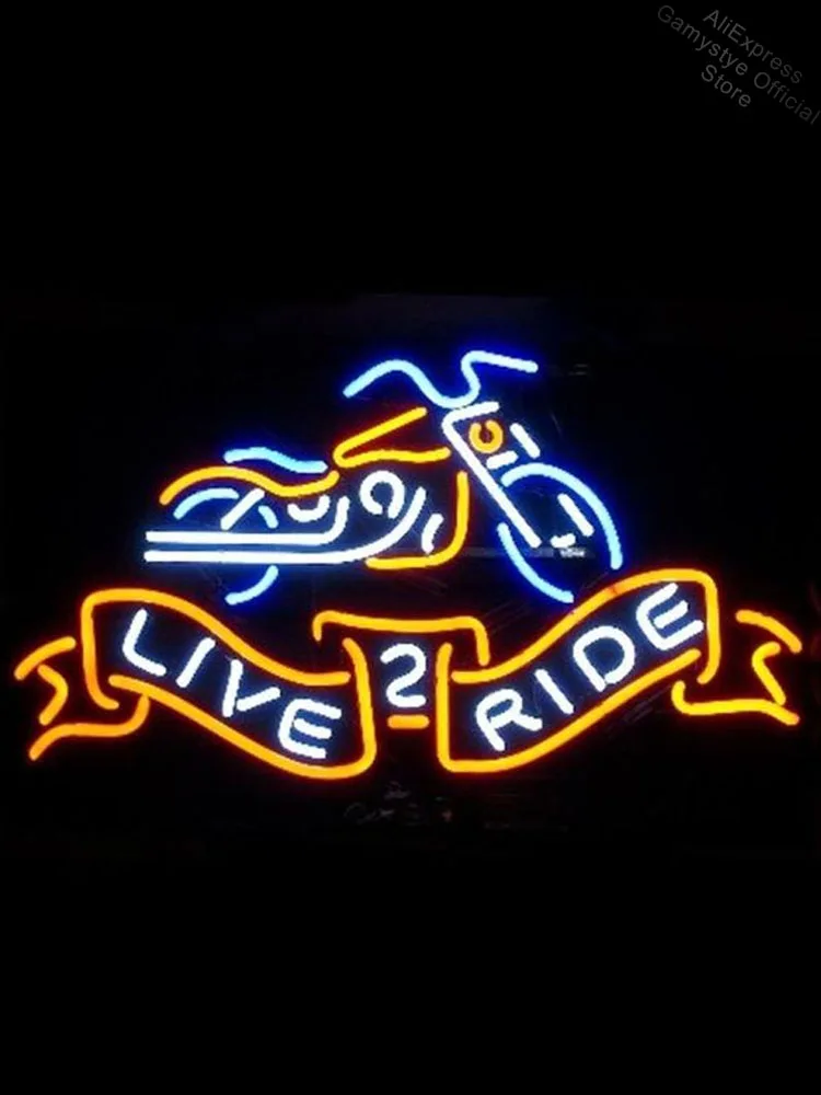 

Neon Sign For Motorcycle Live 2 Ride glass Tube Beer Garage club Art Lamps resterant light Custom Business Signs Neon Bar Lamp