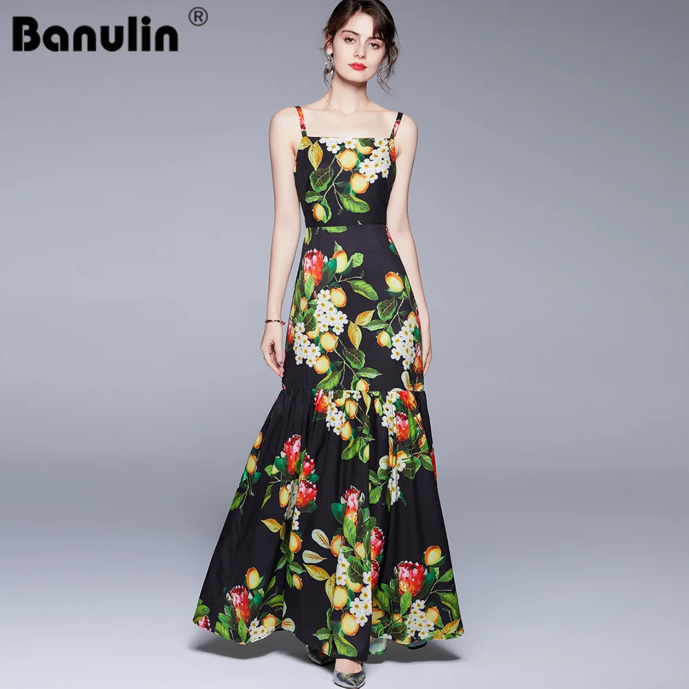 

Banulin Fashion Runway Summer Sexy Spaghetti Strap Dress Women Floral Print Sleeveless Elegant Bodycon Holiday Long Maxi Dress